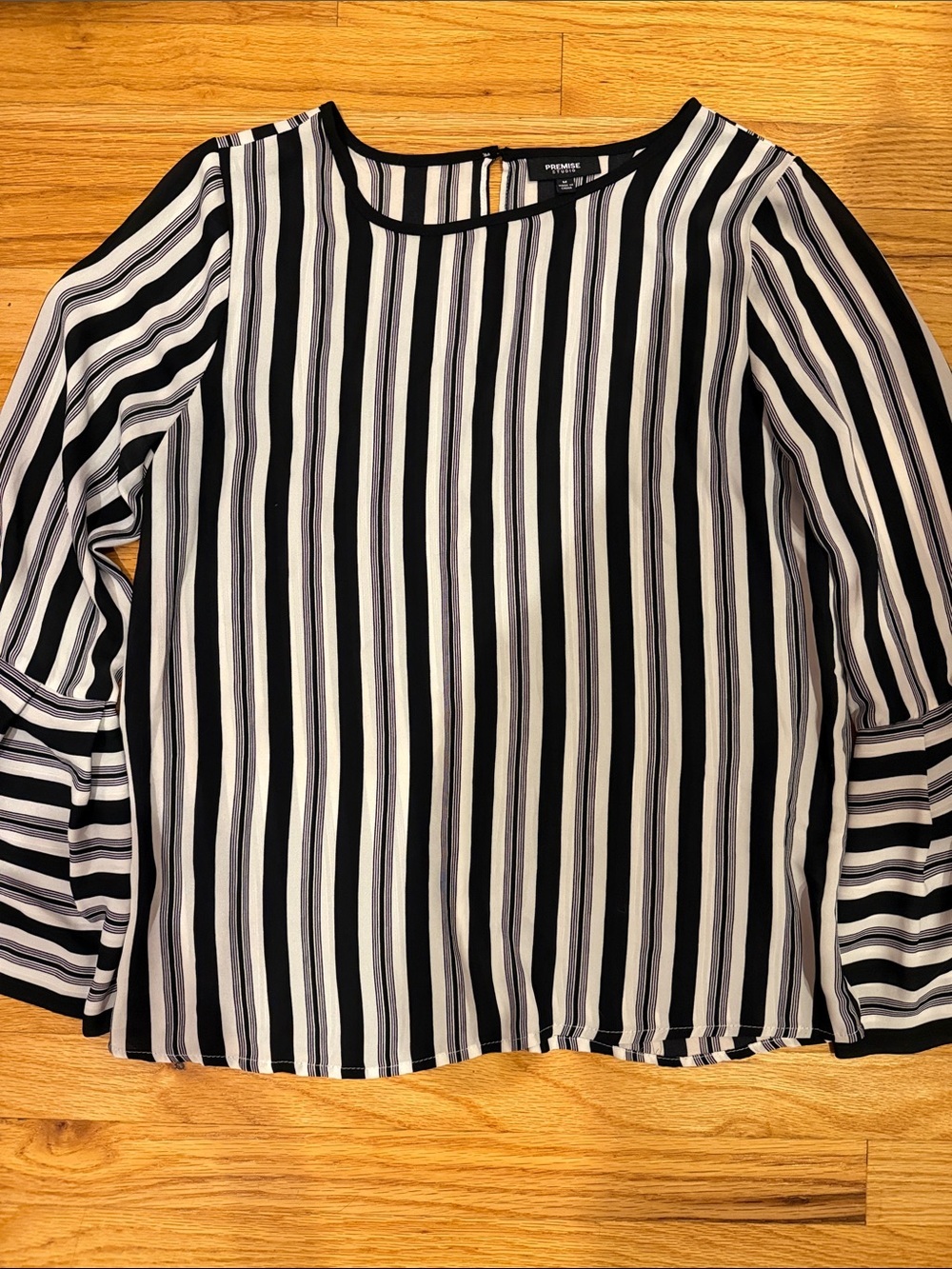 Premise Studio Vertical Black and White Striped Blouse with Flared Sleeves